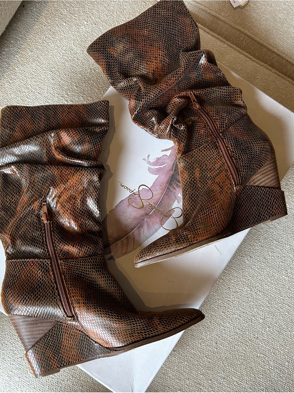 Women’s Slouchy Western Ankle Wedge Boots in Brown Snake Print
